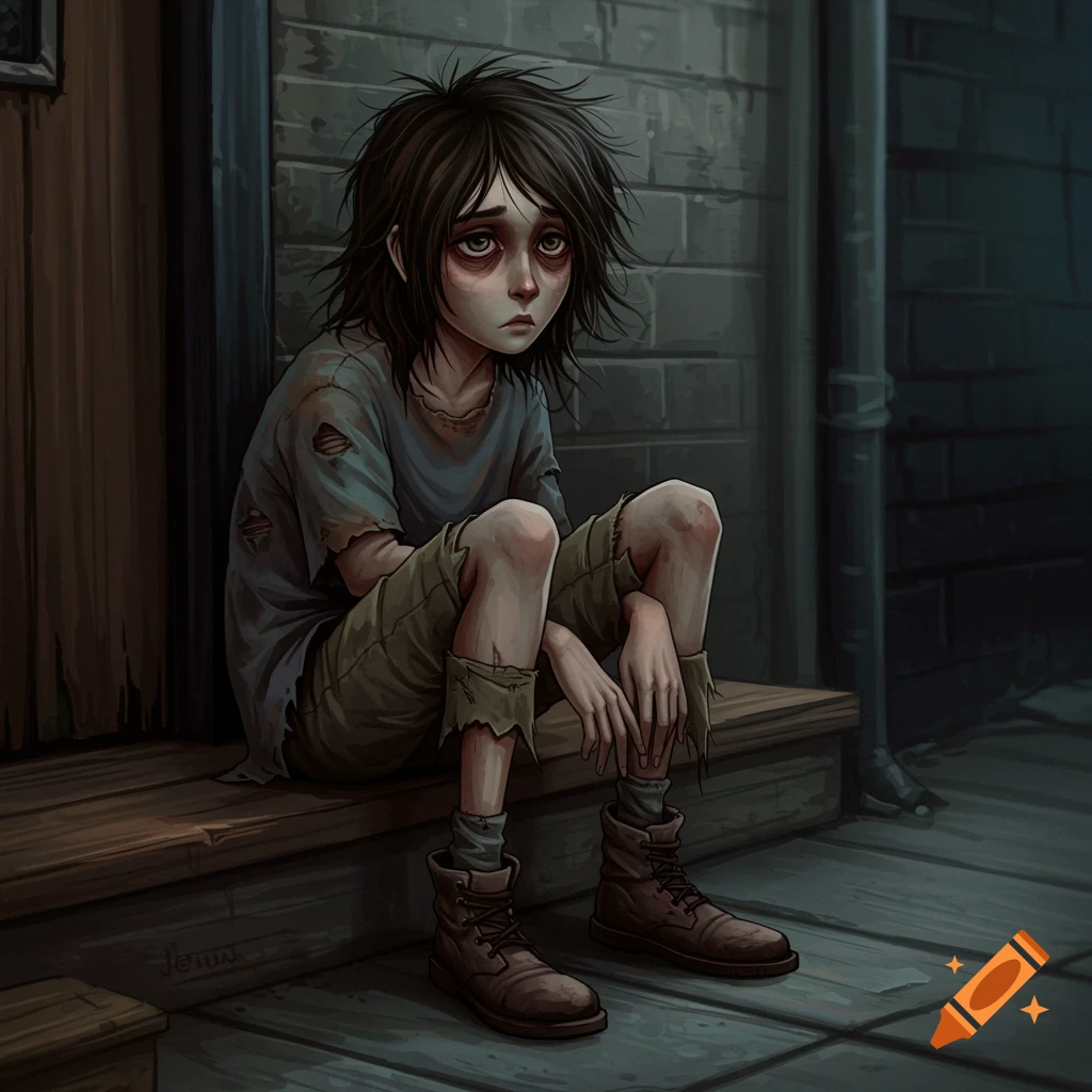 A sad, disheveled boy sits on wooden steps in a dimly lit alley.