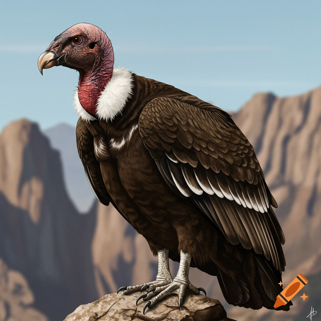 A vulture perched on a rock with mountains in the background.