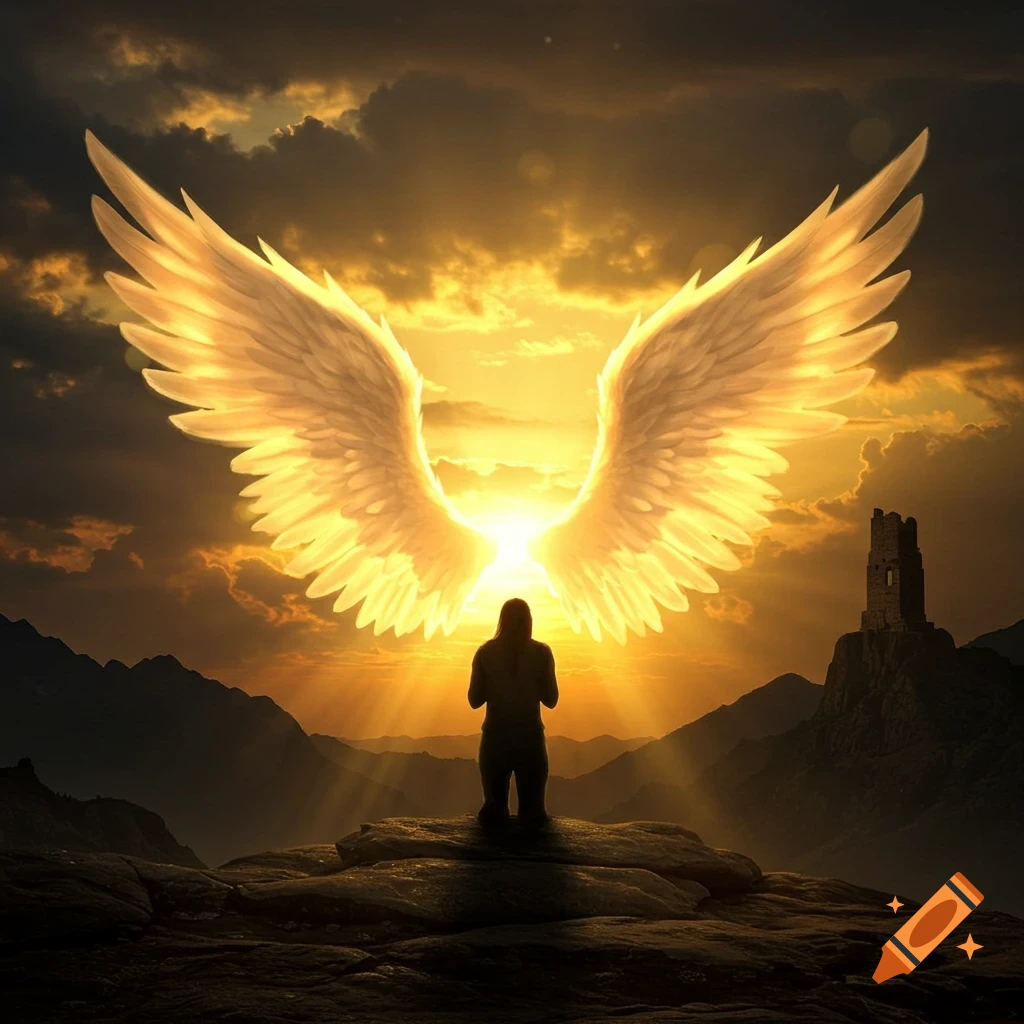 Person kneeling with glowing angel wings against a golden sunset landscape with mountains and a tower. Digital art.