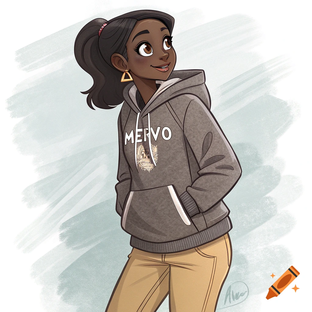 A cartoon illustration of a smiling dark-skinned teenage girl in a grey Mervo hoodie and tan pants.