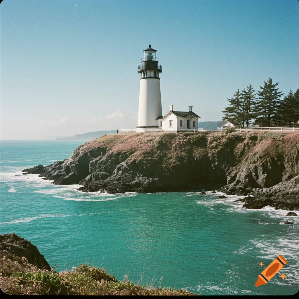Photorealistic lighthouse on a rocky coast overlooking the ocean, film style