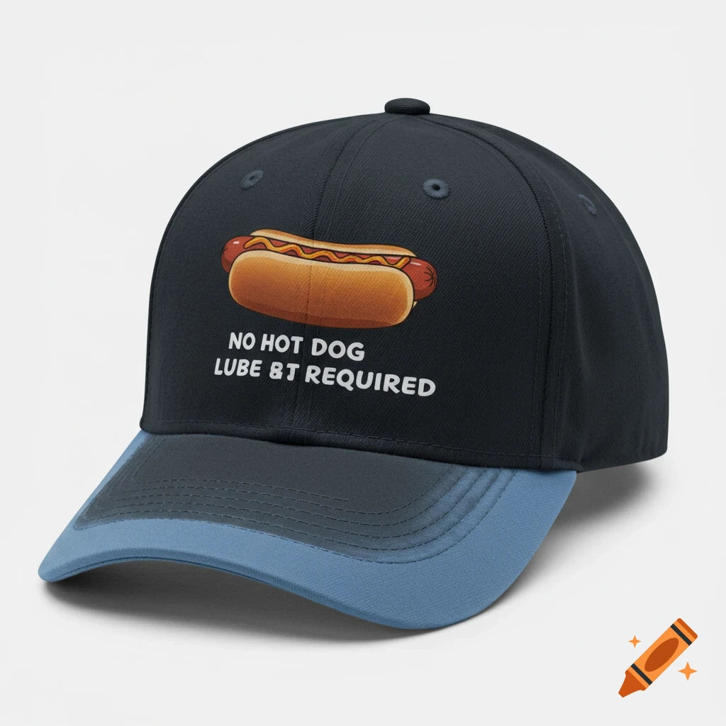 Dark blue baseball cap with a light blue brim, featuring a cartoon hot dog and the text 'NO HOT DOG LUBE BT REQUIRED'.