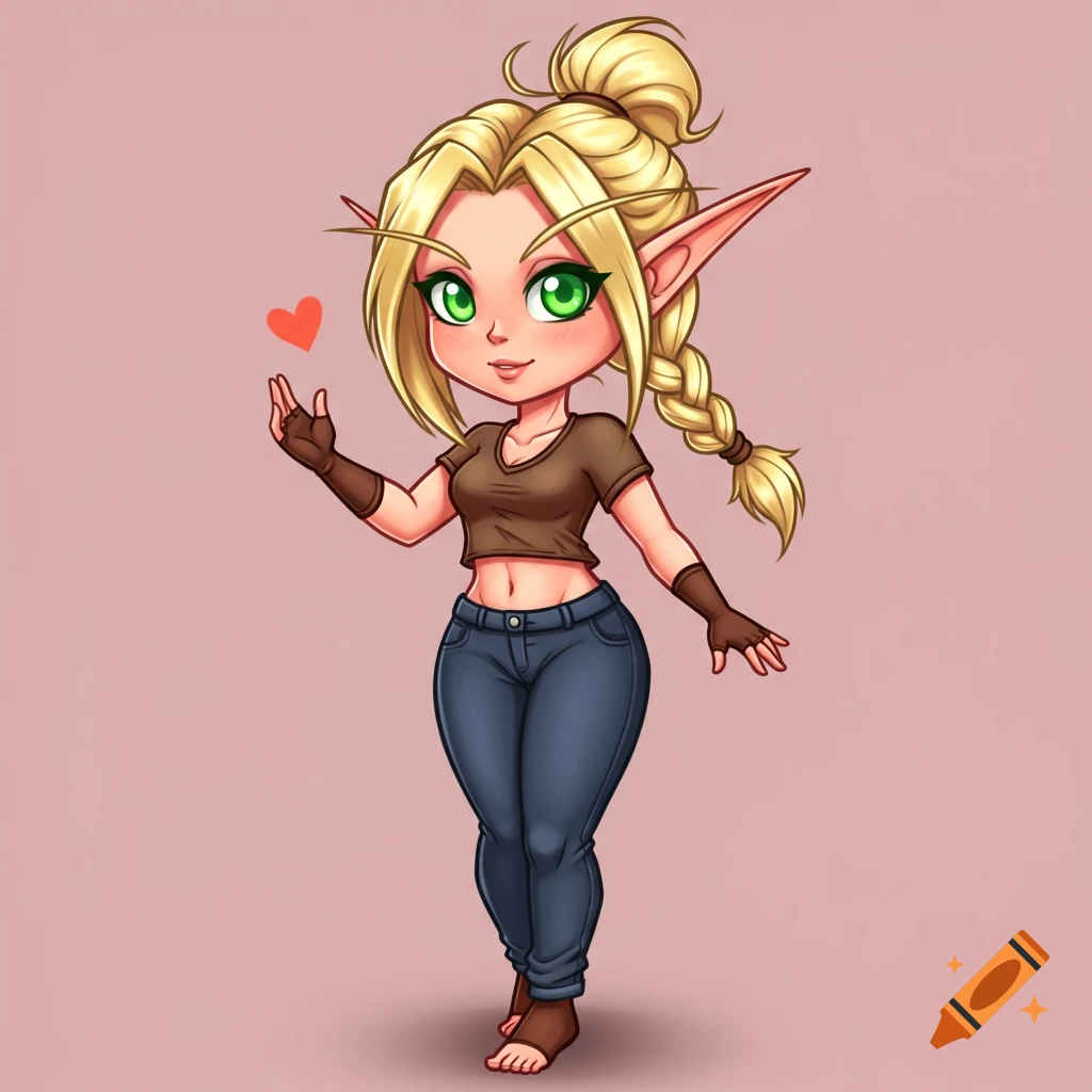 Cute chibi World of Warcraft Blood Elf character in casual outfit.