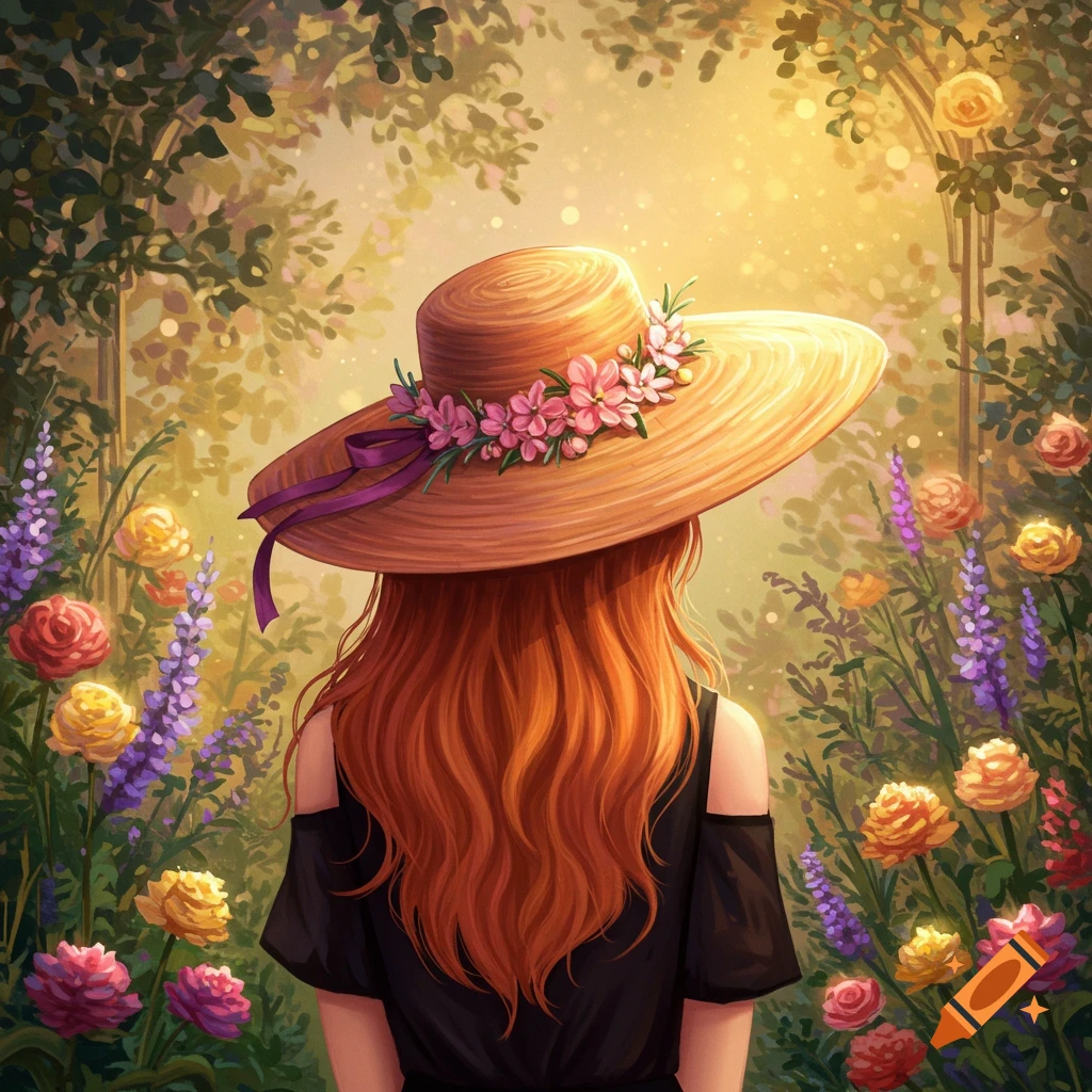 A woman in a sunny garden, seen from behind, wearing a large hat, surrounded by flowers.