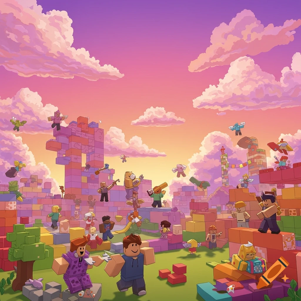 Blocky characters build and play in a colorful block world landscape under a vibrant sky.
