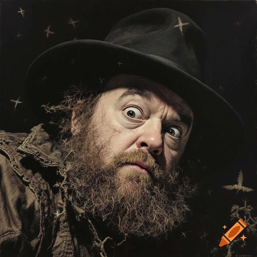 Close-up stylized portrait of a bearded man with wide eyes and a hat against a dark background with stars and birds.