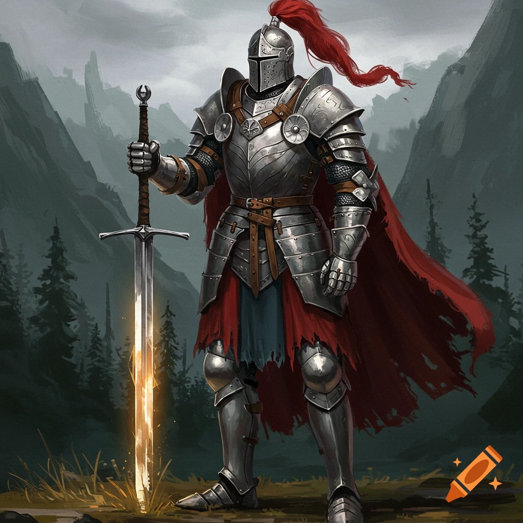 A knight in full plate armor holding a glowing sword in a forest.