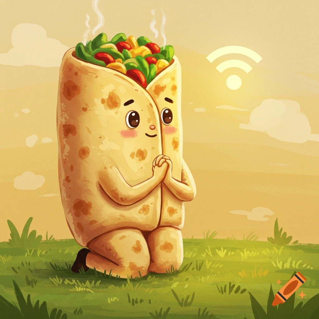 A cartoon burrito kneeling in a field, praying towards a Wi-Fi symbol.
