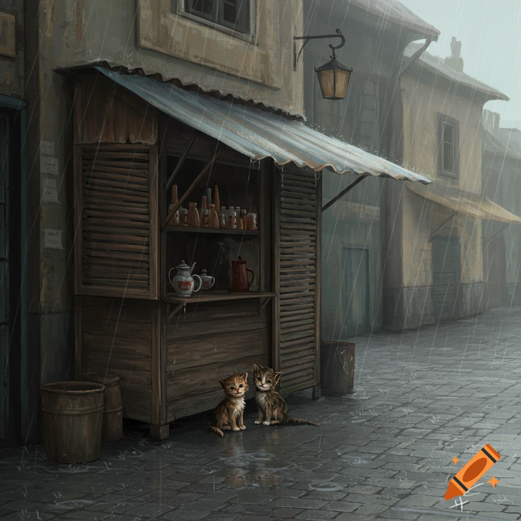 Two kittens sitting under a closed tea stall awning on a cobblestone street in the rain.