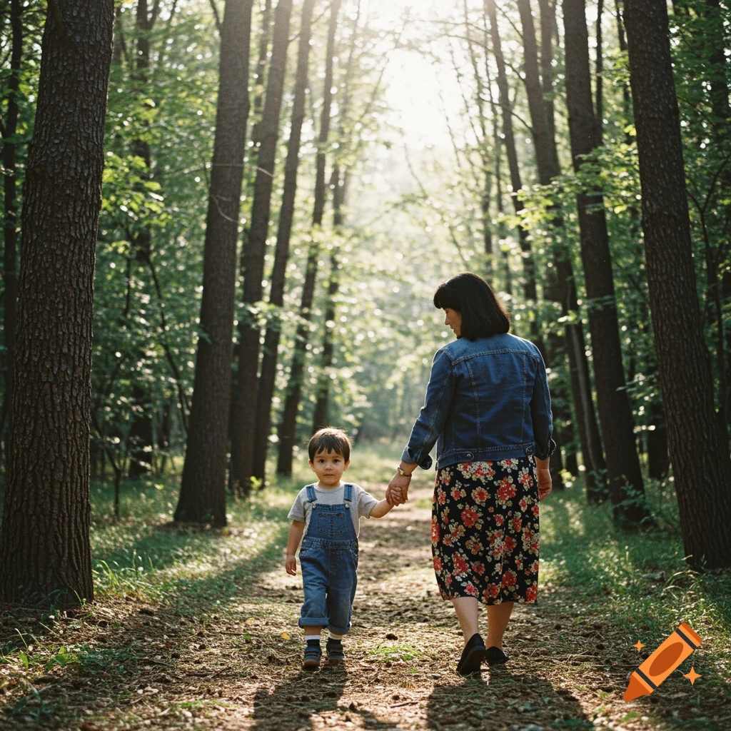 Mother and son walk hand-in-hand down a sun-dappled forest path, photorealistic style.
