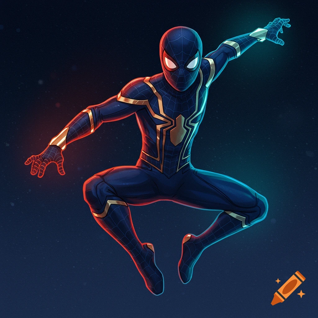 Illustration of a character in a blue and gold suit inspired by Spider-Man in a dynamic pose.