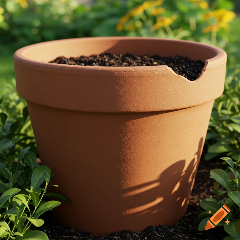 A photorealistic image of a terracotta pot filled with soil, sitting in a garden surrounded by green plants.