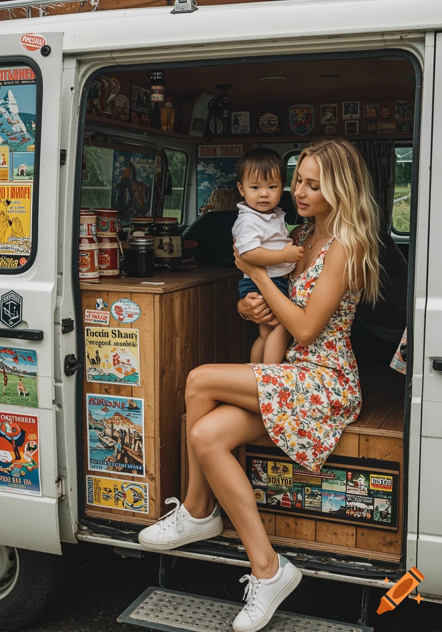 Photorealistic portrait of a mother holding her son inside a customized van decorated with posters.