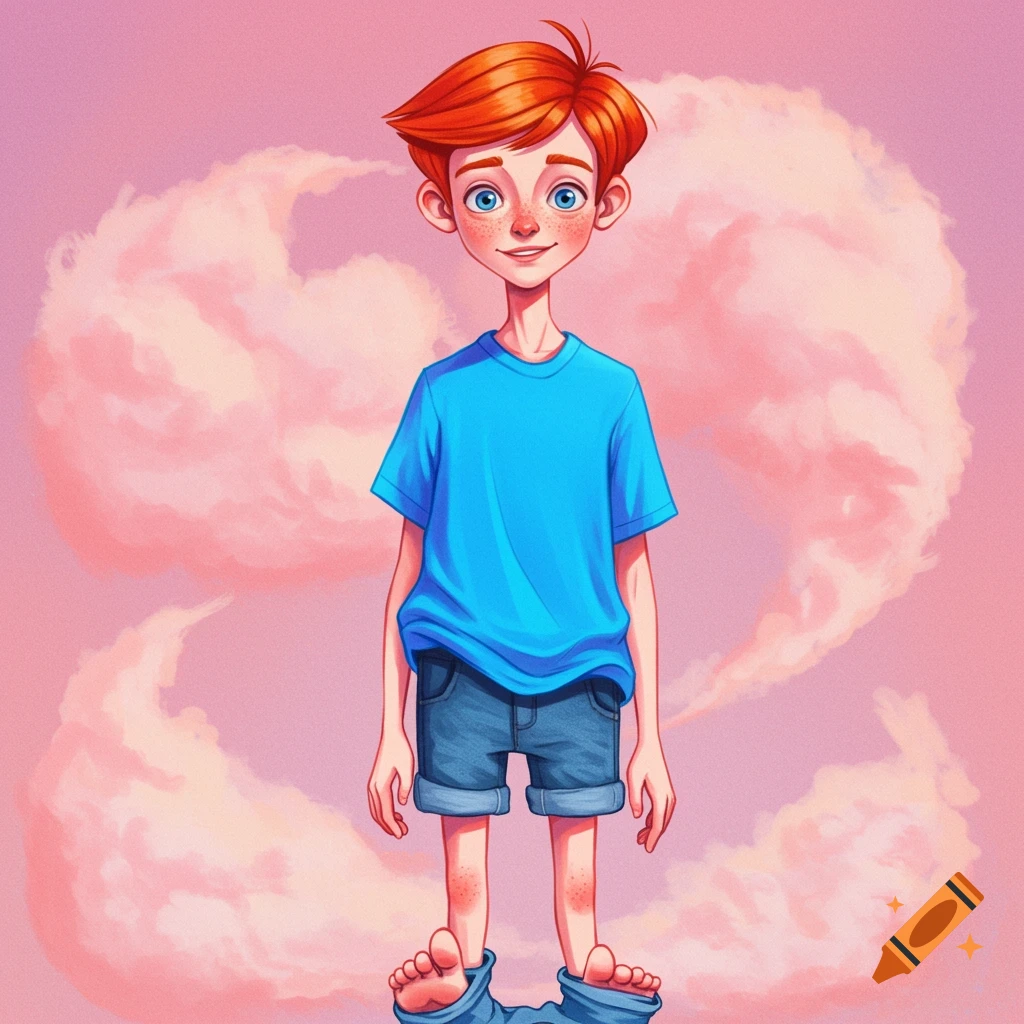 A smiling red-headed boy in a blue t-shirt and shorts stands against pink clouds.