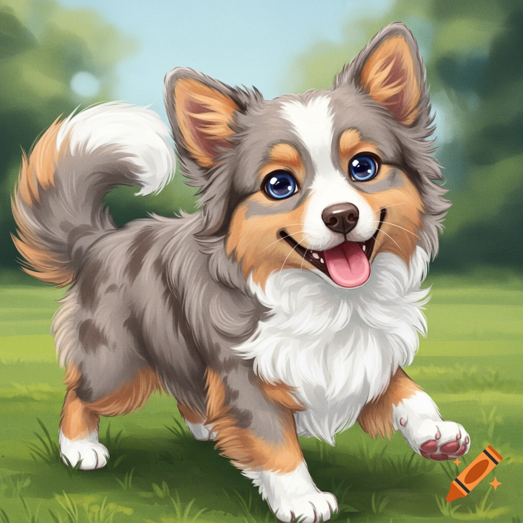 A fluffy Australian Shepherd mix puppy running on grass.