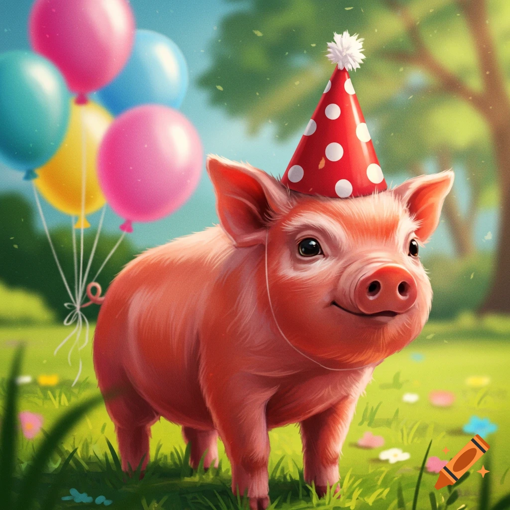 A semi-realistic image of a red juvenile pig wearing a party hat standing in a field with balloons.