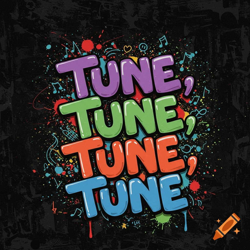 Colorful bubble letters spelling 'TUNE, TUNE, TUNE, TUNE,' on a dark background with paint splatters and musical notes.