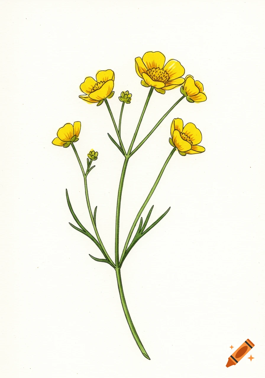 Simple vintage illustration of a yellow wildflower on a white background