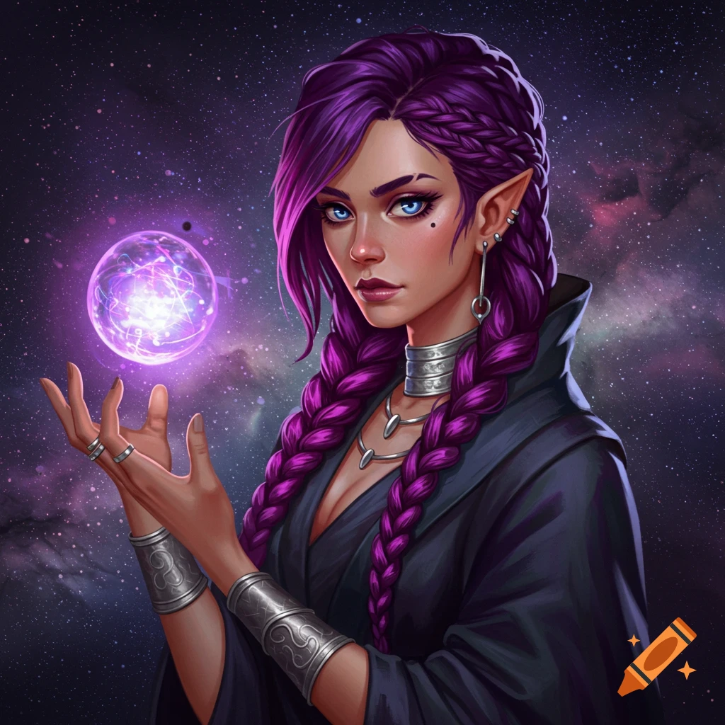 Painting of an elf-like woman with purple hair holding a glowing magic orb against a starry space background