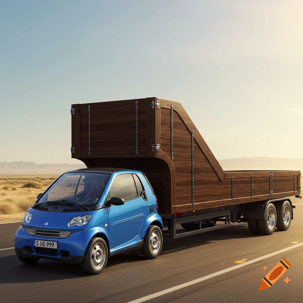 A blue Smart car pulls a large wooden trailer down a desert road.