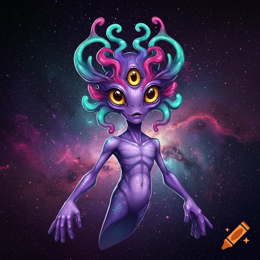 A purple alien with three yellow eyes and tentacles against a space background.