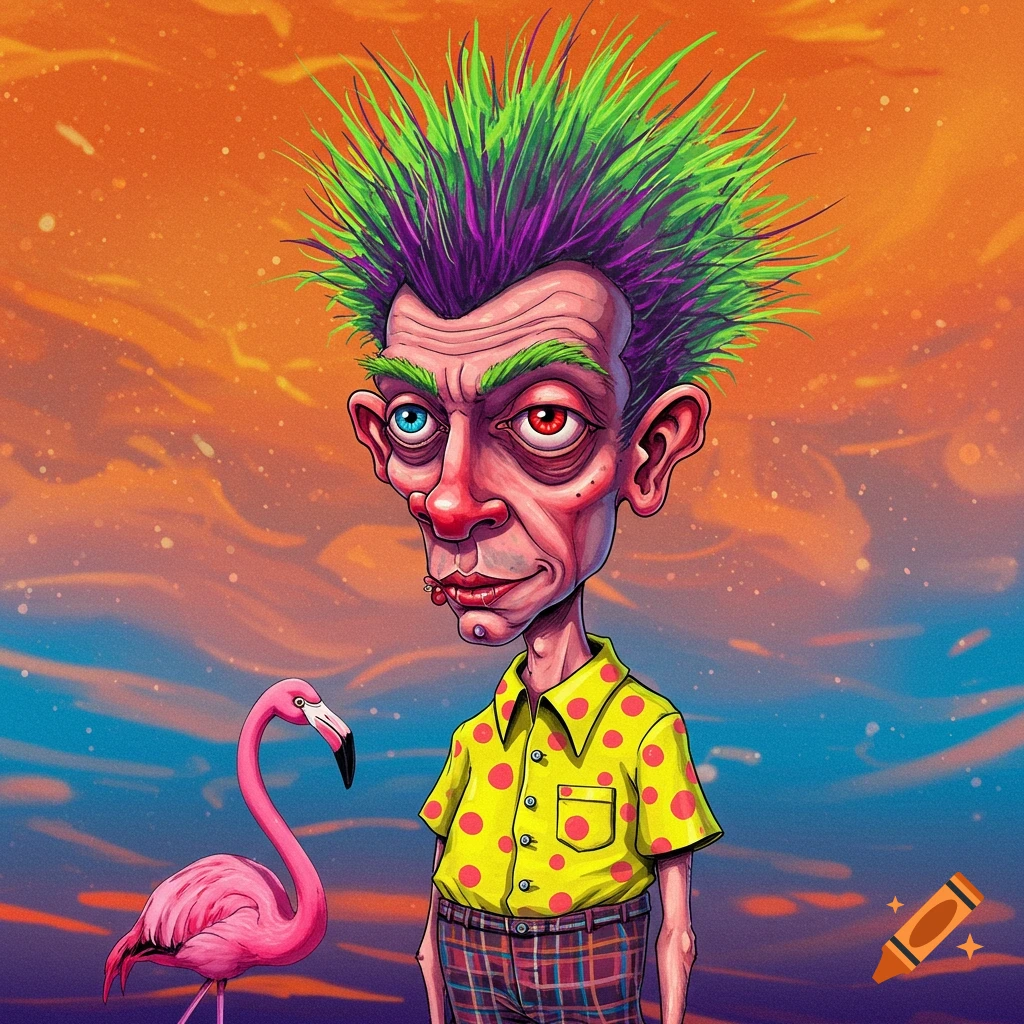 A stylized, weird-looking man with spiky green and purple hair standing next to a pink flamingo against an orange and blue sky.