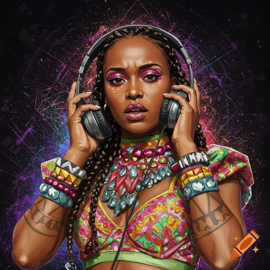  A woman with braided hair and headphones is wearing colorful clothing ...