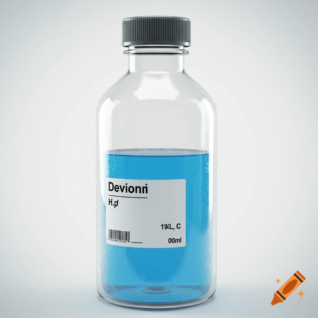 Clear plastic lab bottle with blue liquid and a label on a white background.