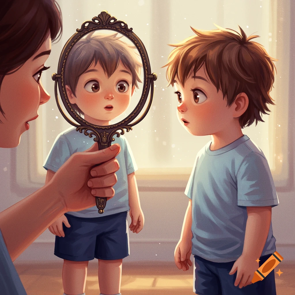 An illustration of a young child gazing at their reflection in a hand-held mirror held by a parent.