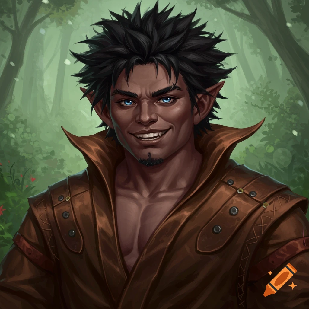 Portrait of a dark-skinned male gnome with blue eyes, black spiky hair, and a mischievous smile, wearing brown leather armor in a forest.