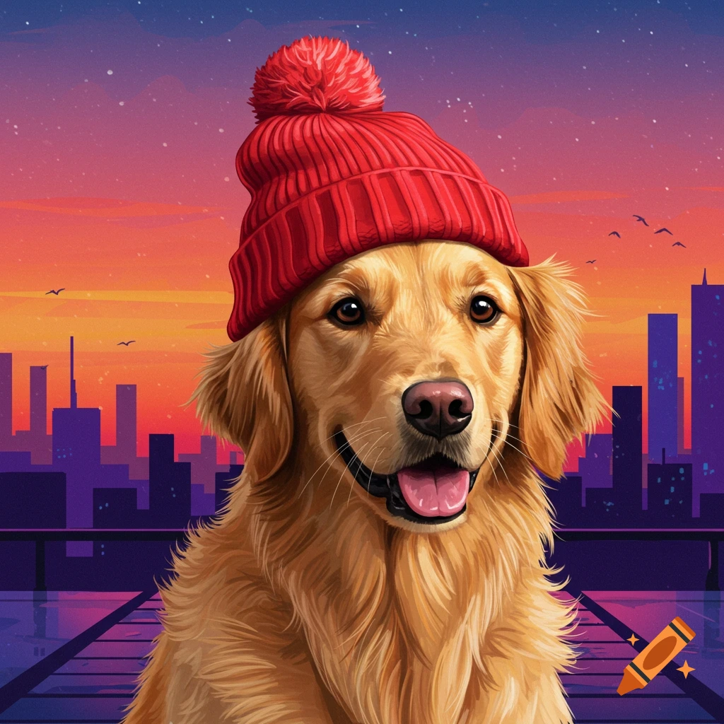 A golden retriever wearing a red beanie in front of a cityscape at sunset or sunrise.