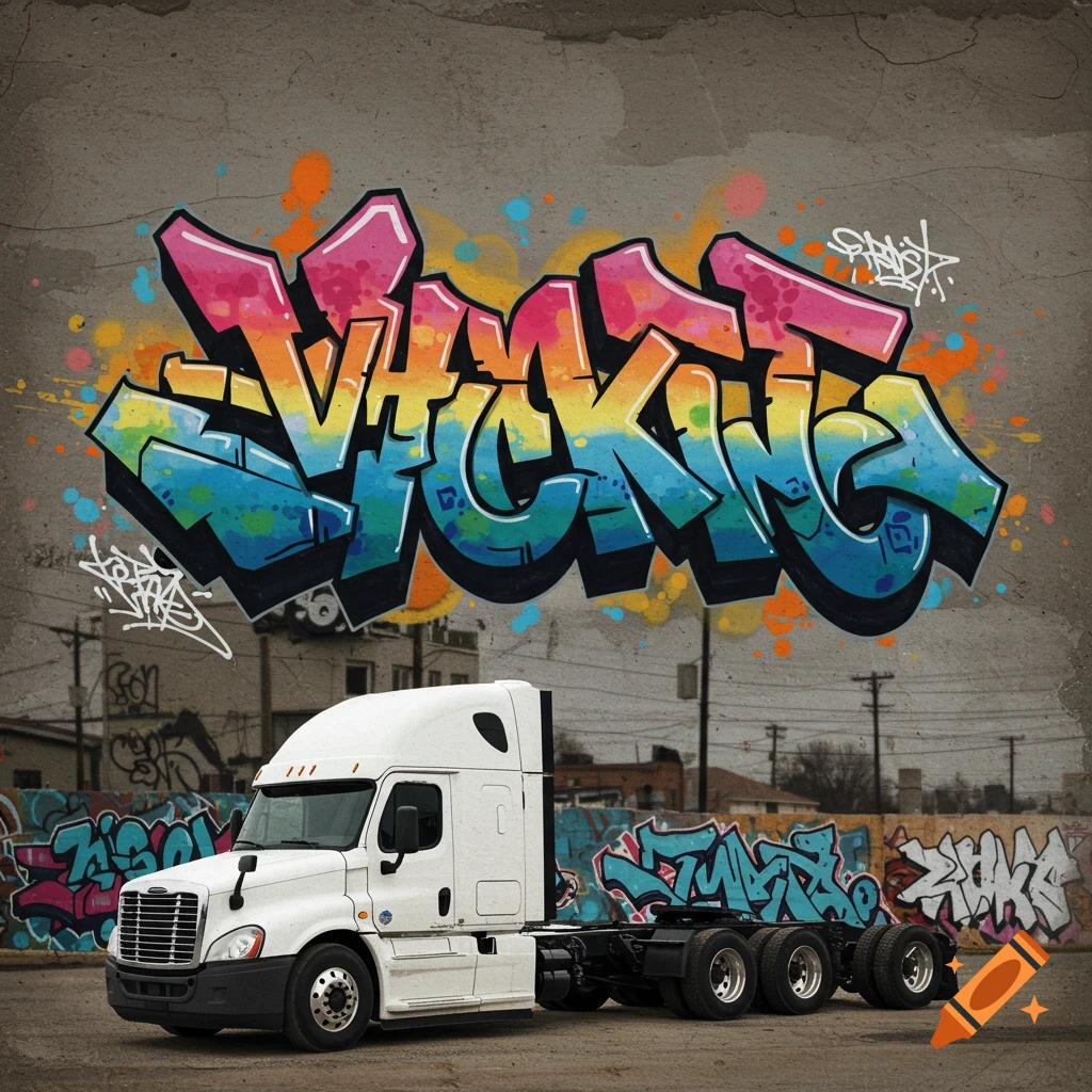 A white semi-truck parked in front of a graffiti-covered wall with the text VH TRUCKING.