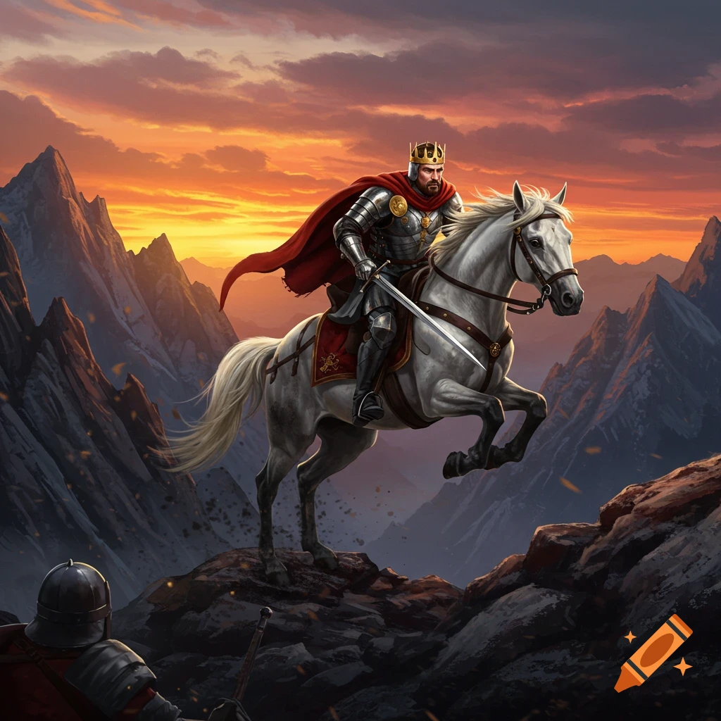 A crowned knight on a white horse galloping over rocks in mountains at sunset.
