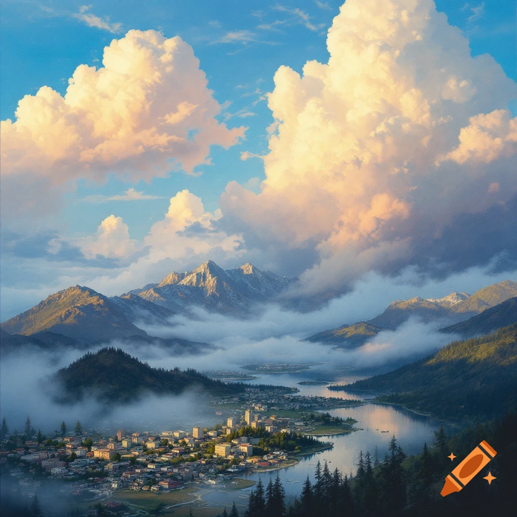 A valley town is nestled by mountains and a lake, with large clouds and mist.