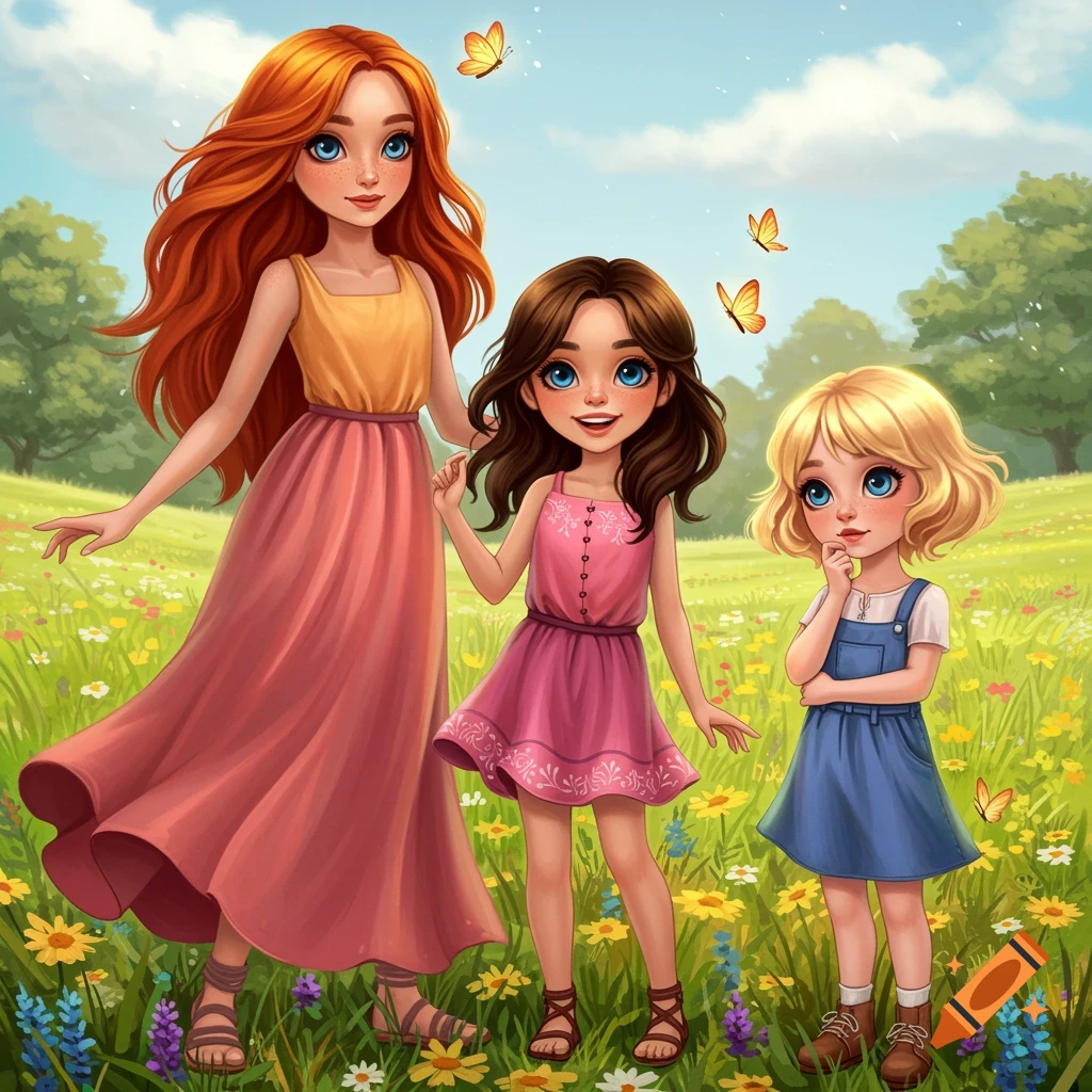 Illustration of three girls with blue eyes in a meadow with butterflies in a whimsical, fairytale style.