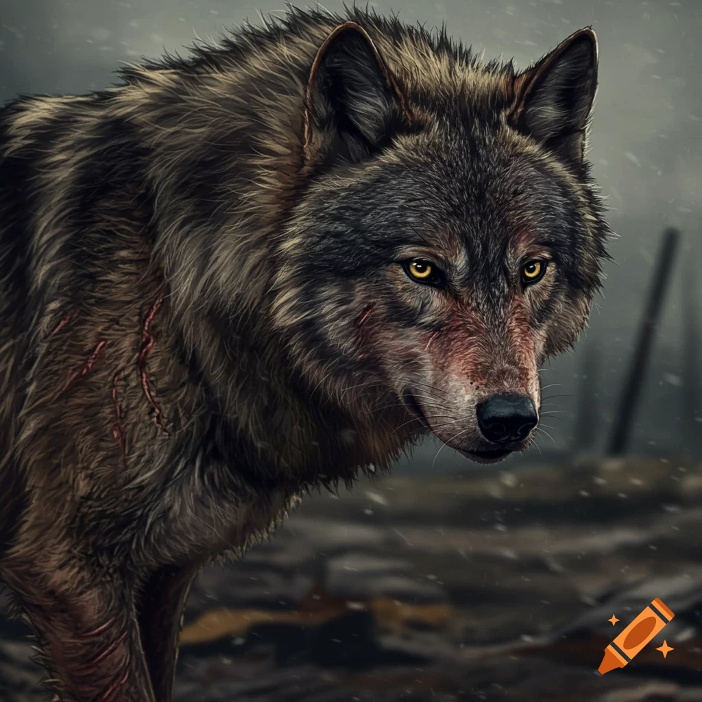 A weathered wolf with scars and glowing yellow eyes.
