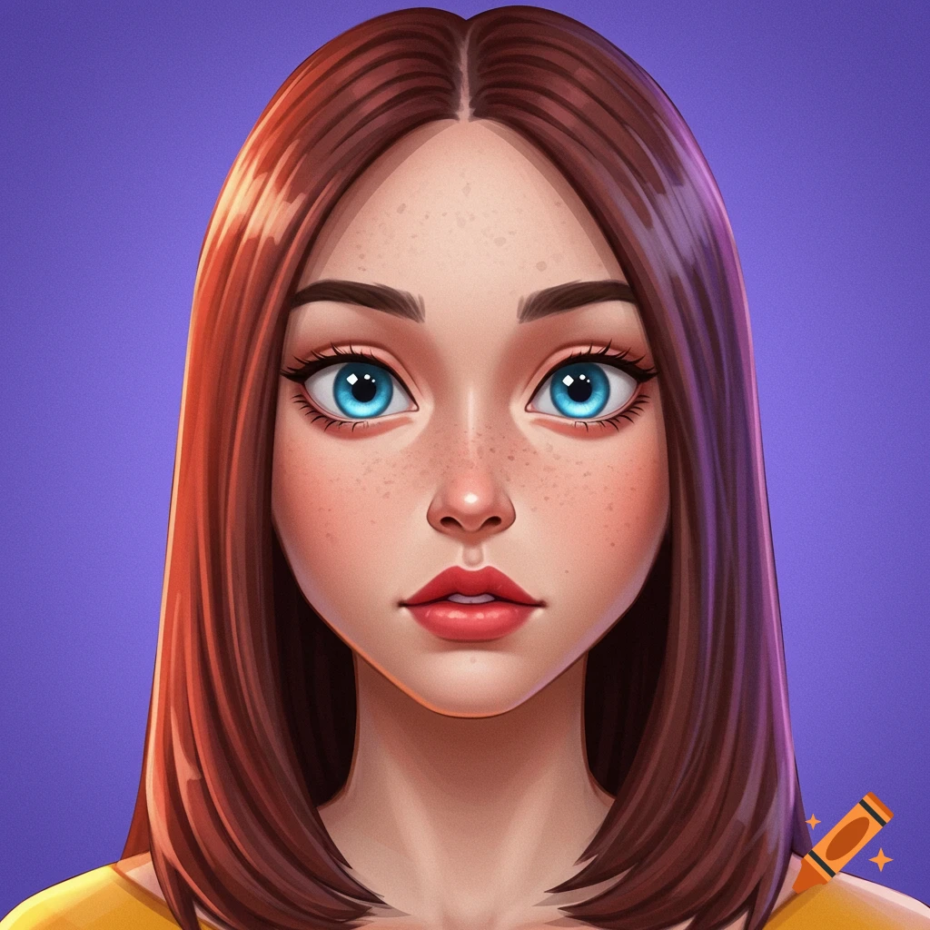 Stylized portrait of a young woman with blue eyes and brown hair on a purple background.
