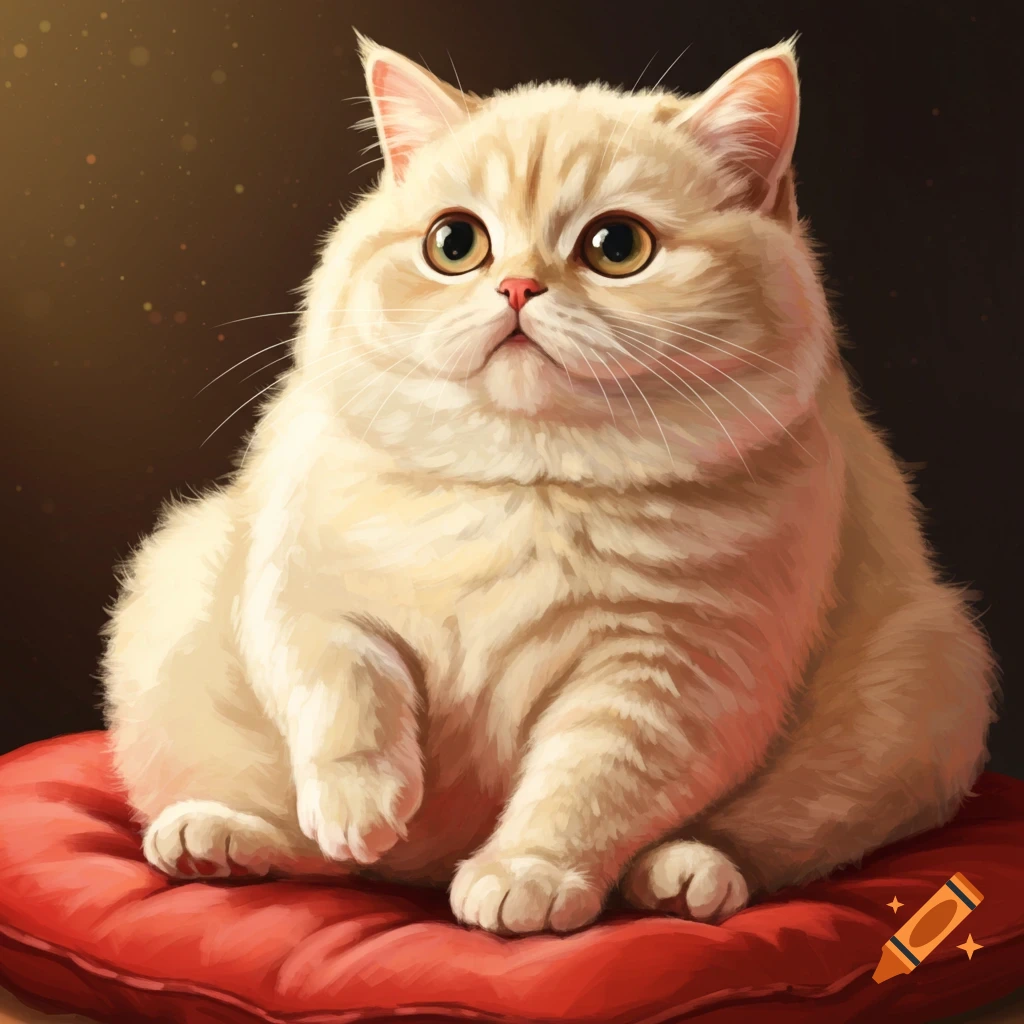 A fluffy cream-colored fat cat sitting on a red cushion.