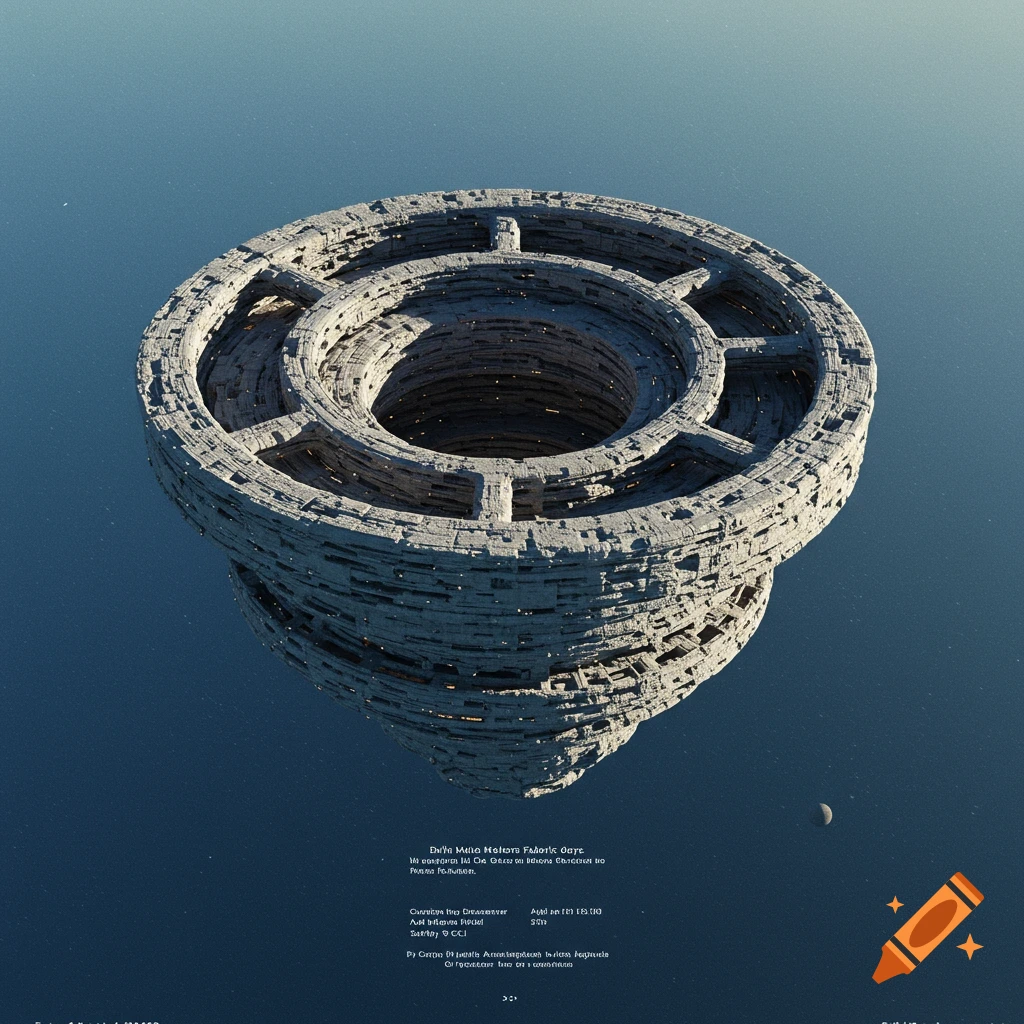 A detailed, layered circular structure floats in dark blue space with a small moon nearby. Sci-fi concept art.