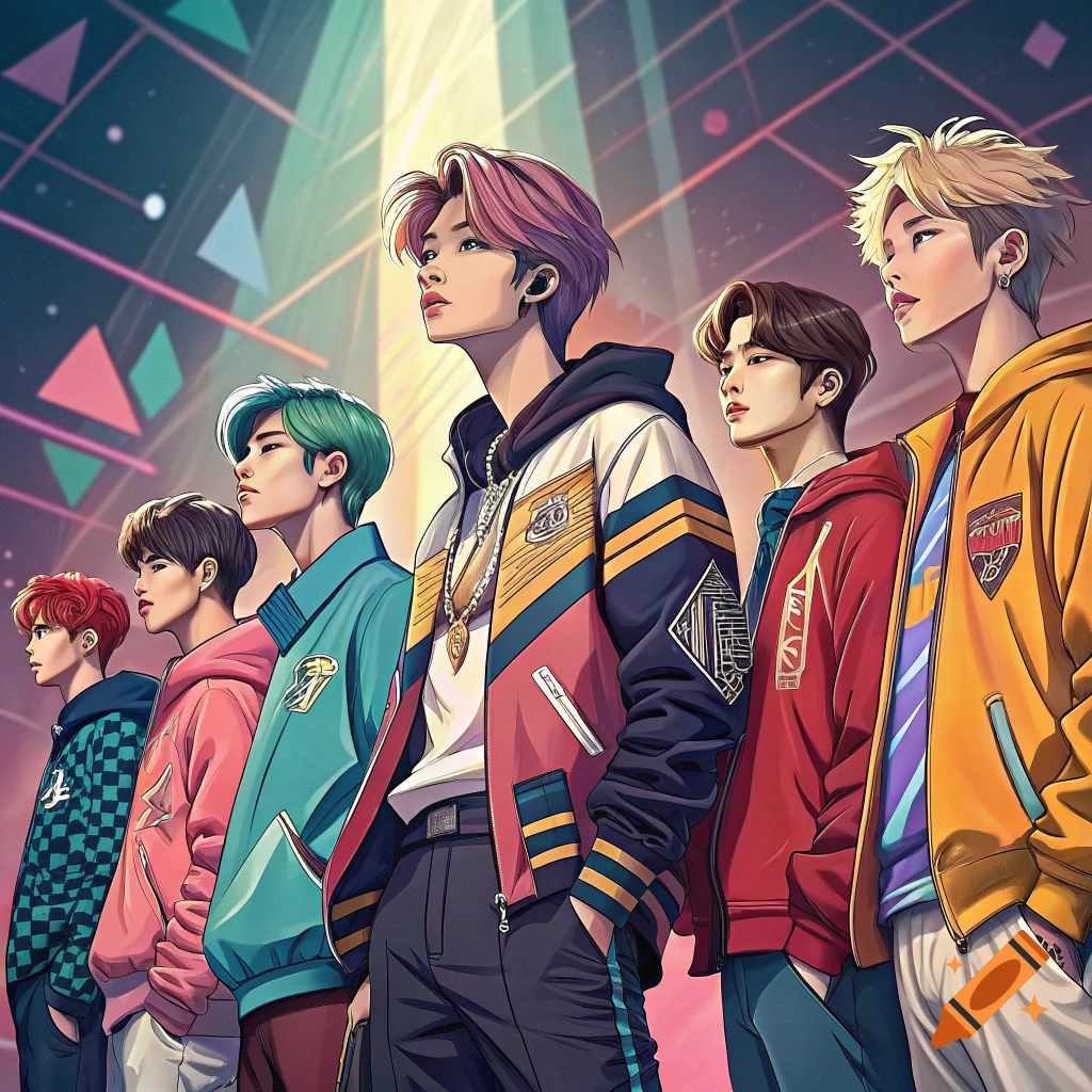 Six anime-style young men in colorful jackets look up in a futuristic city.