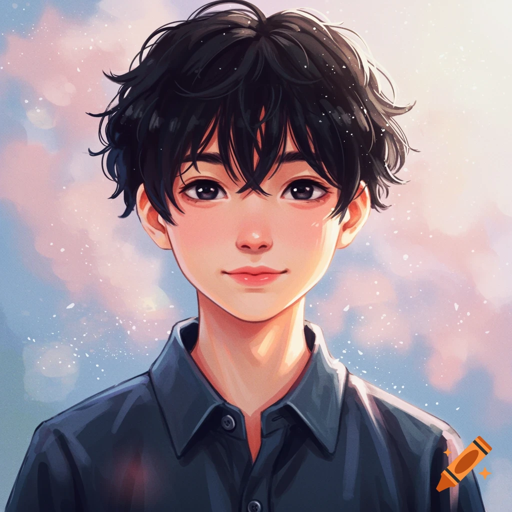 A young boy with black hair in a dark shirt is shown against a pink and blue sky.