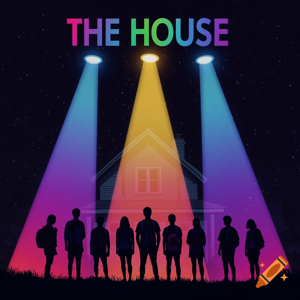Seven teen silhouettes in front of a house at night under colorful spotlights with 'THE HOUSE' text.