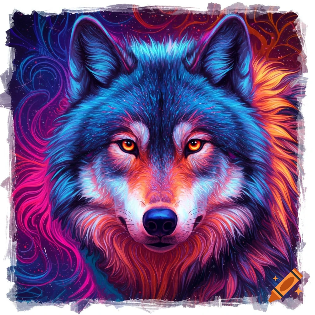 A colorful wolf portrait in a trippy style