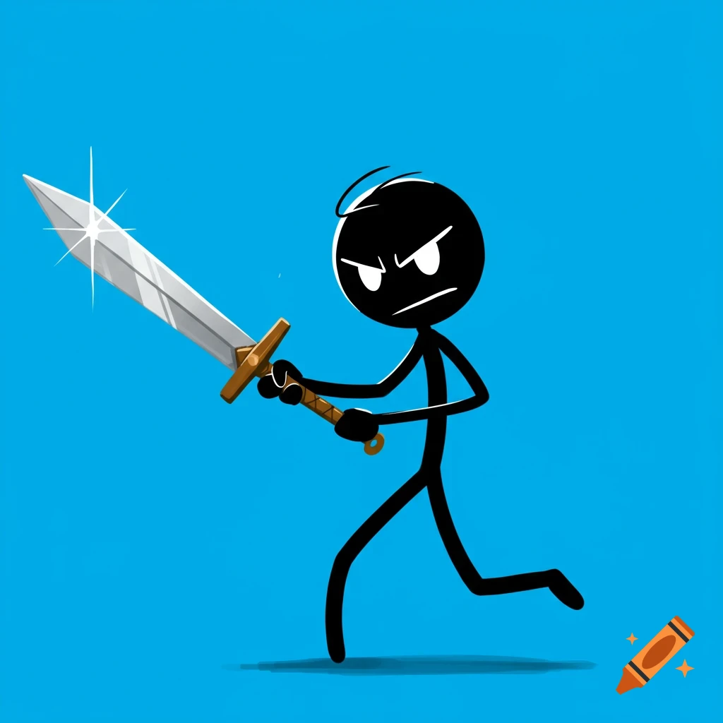 Black stick figure running and holding a sword against a blue background, digital art style.