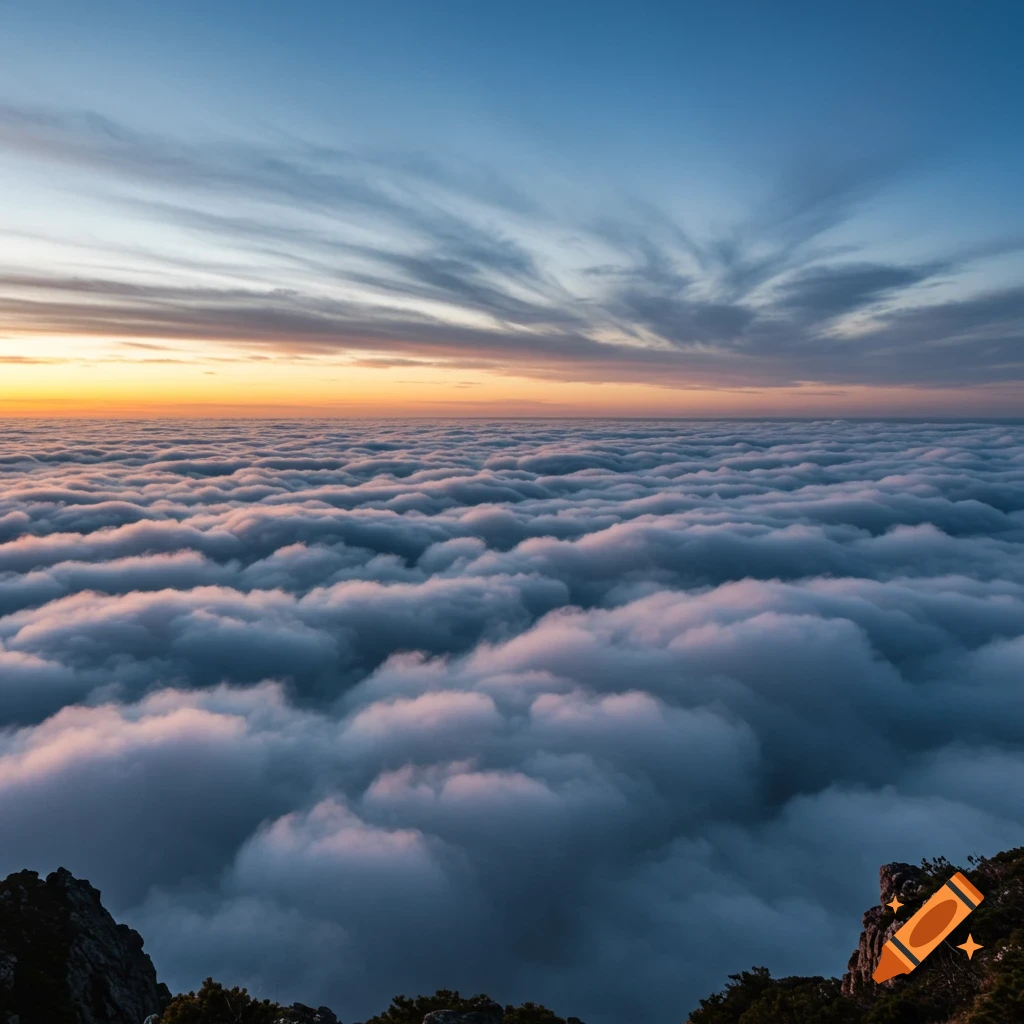 Panoramic view above a vast expanse of clouds with a colorful sunset sky and rocky peaks in the foreground.