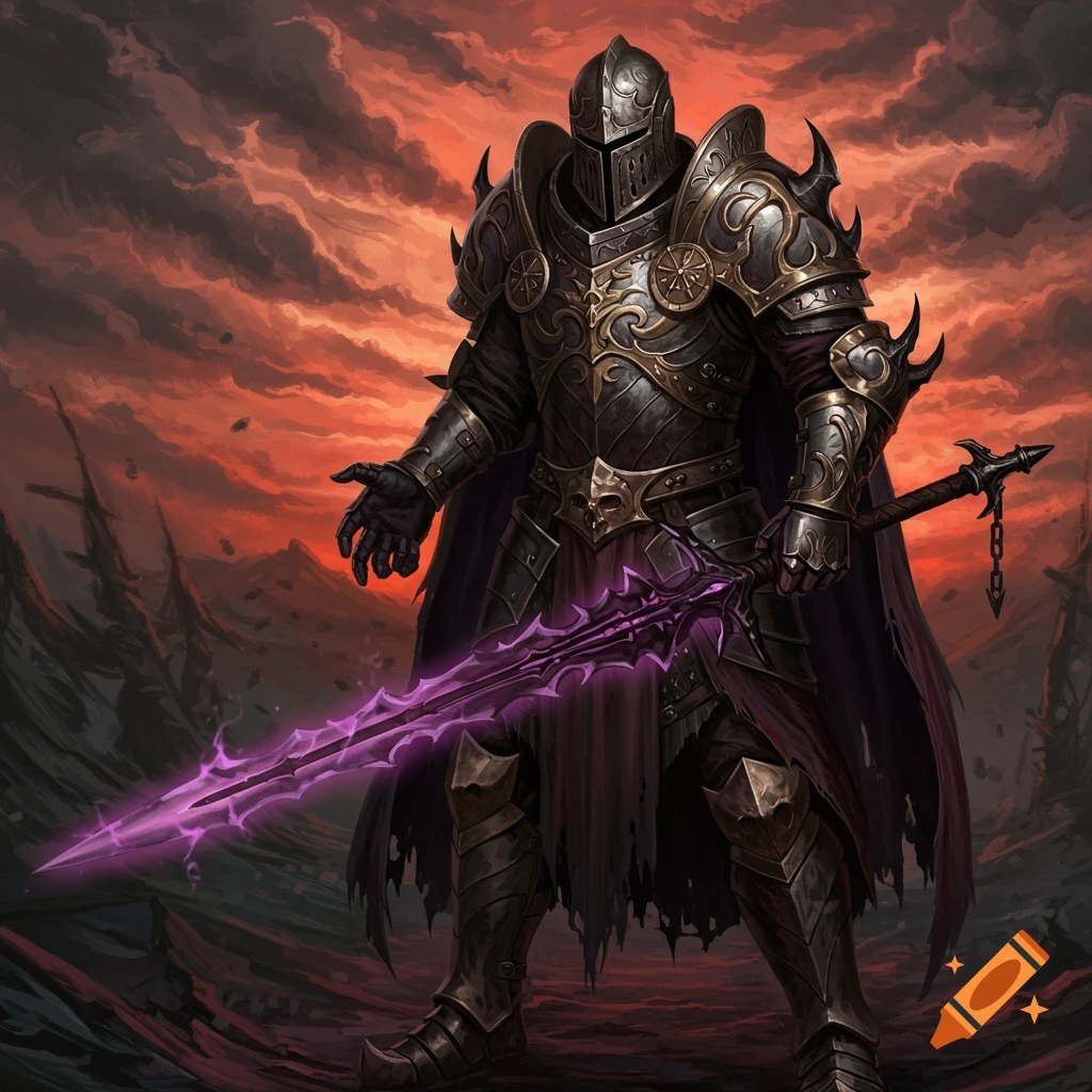 A dark knight in ornate armor holds a glowing purple sword against a fiery sky.