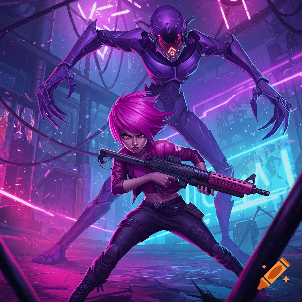 A pink-haired woman with a rifle stands ready to face a large purple robot in a neon cyberpunk city.