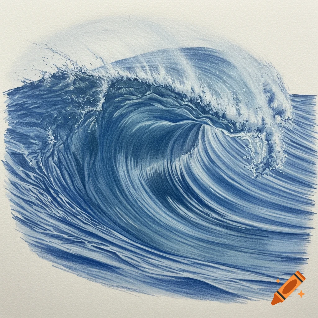 Blue pencil drawing of a large ocean wave breaking