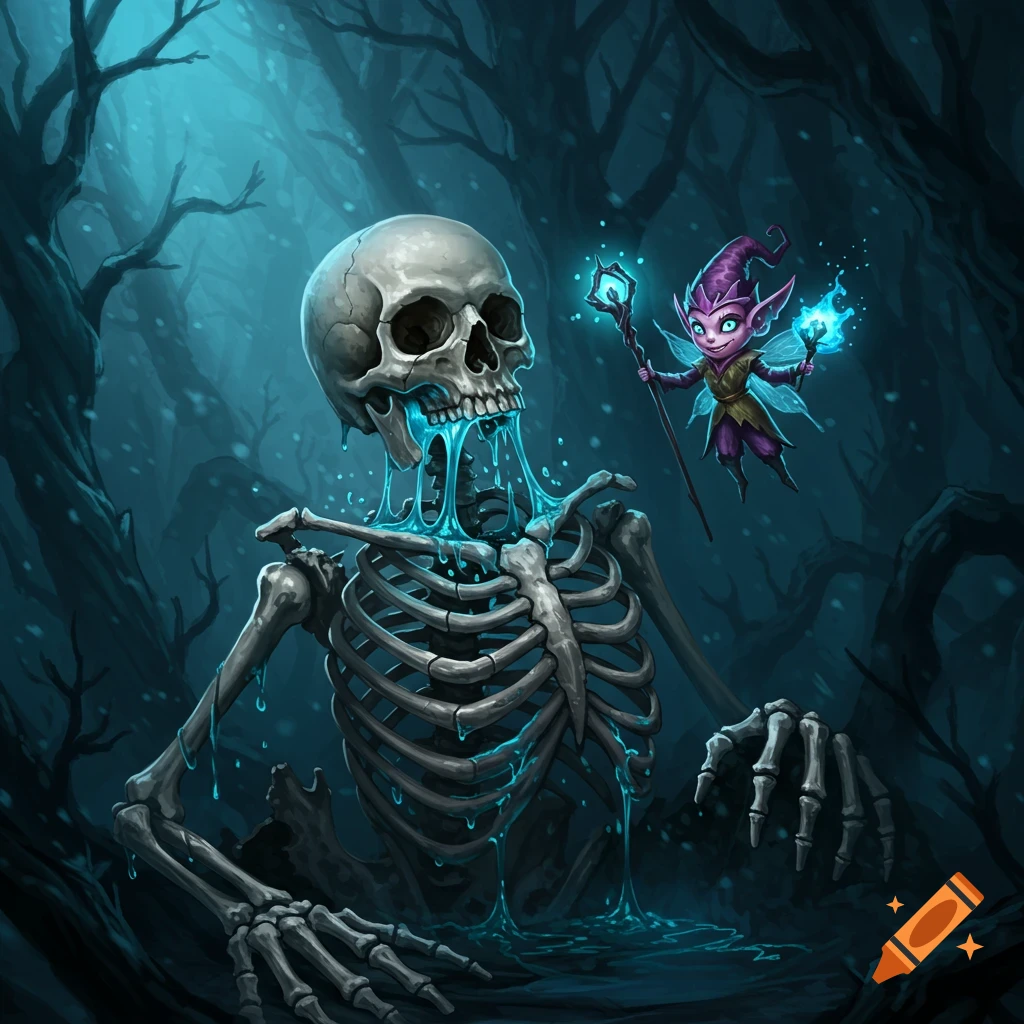 A skeleton with blue ooze and a fairy in a dark forest.