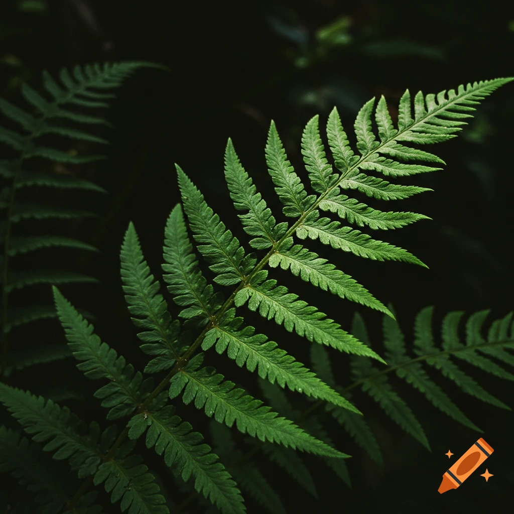 Close-up photo of a green fern frond against a dark background.